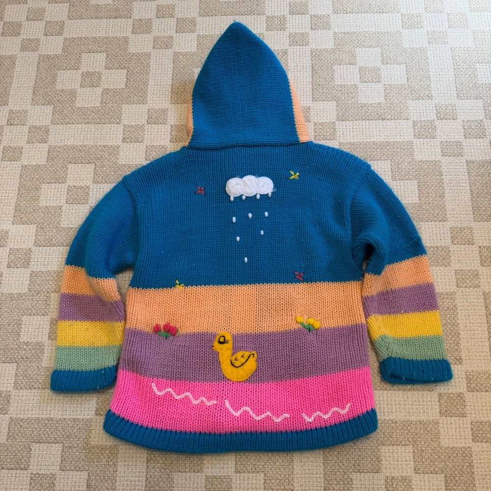 Vintage Kids Handmade Chunky Knit Hooded Sweater Animal Applique Zip Up 3T 13x16 - Picture 3 of 8